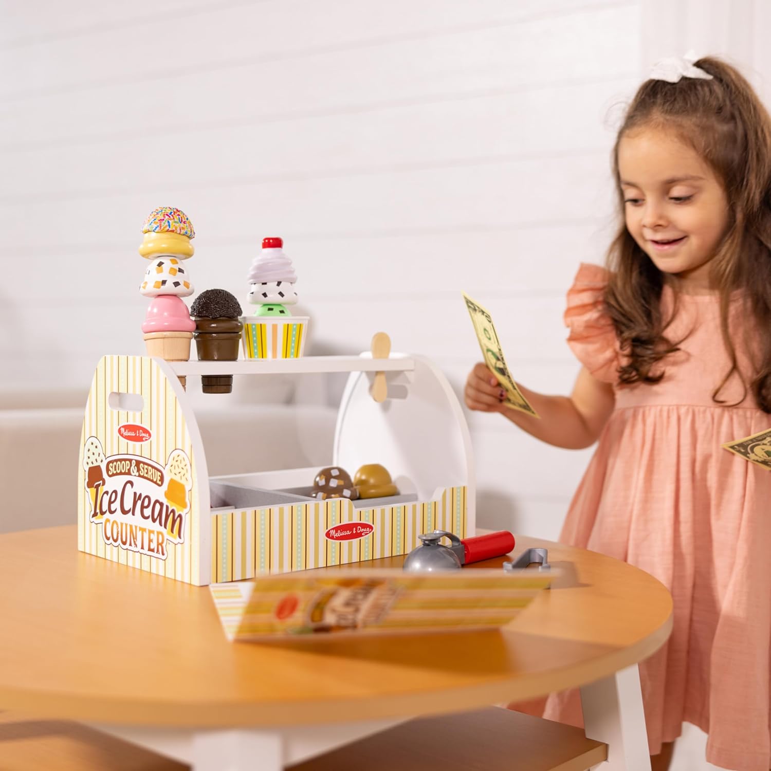 Melissa & Doug Wooden Scoop and Serve Ice Cream Counter (28 pcs) - Play Food and Accessories - Pretend Food Toys, Ice Cream Shop Toys For Kids Ages 3+ - Image 2